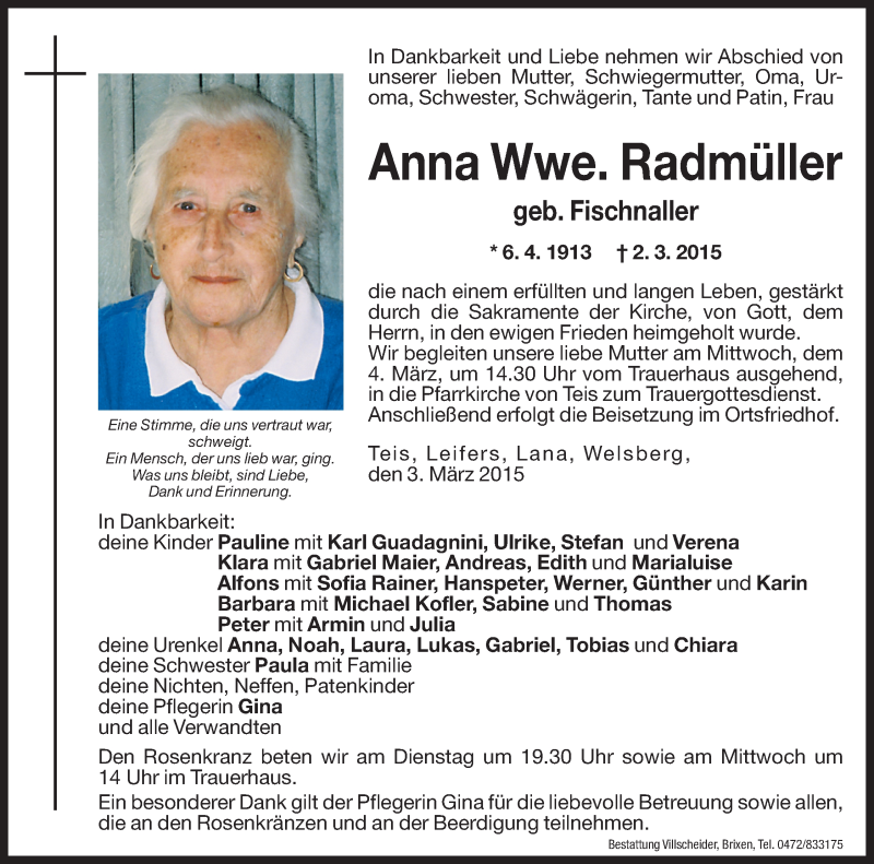  Traueranzeige für Anna Radmüller vom 03.03.2015 aus Dolomiten