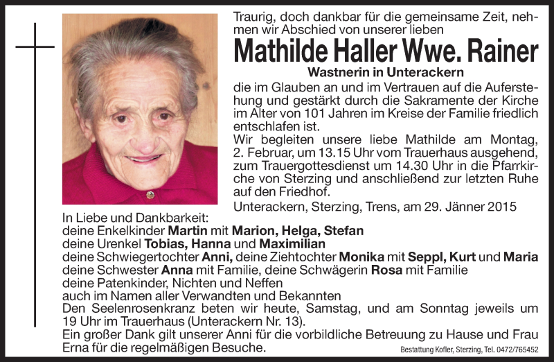  Traueranzeige für Mathilde Rainer vom 31.01.2015 aus Dolomiten