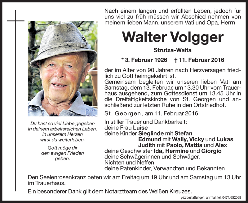  Traueranzeige für Walter Volgger vom 12.02.2016 aus Dolomiten