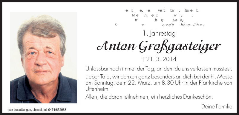  Traueranzeige für Anton Großgasteiger vom 20.03.2015 aus Dolomiten