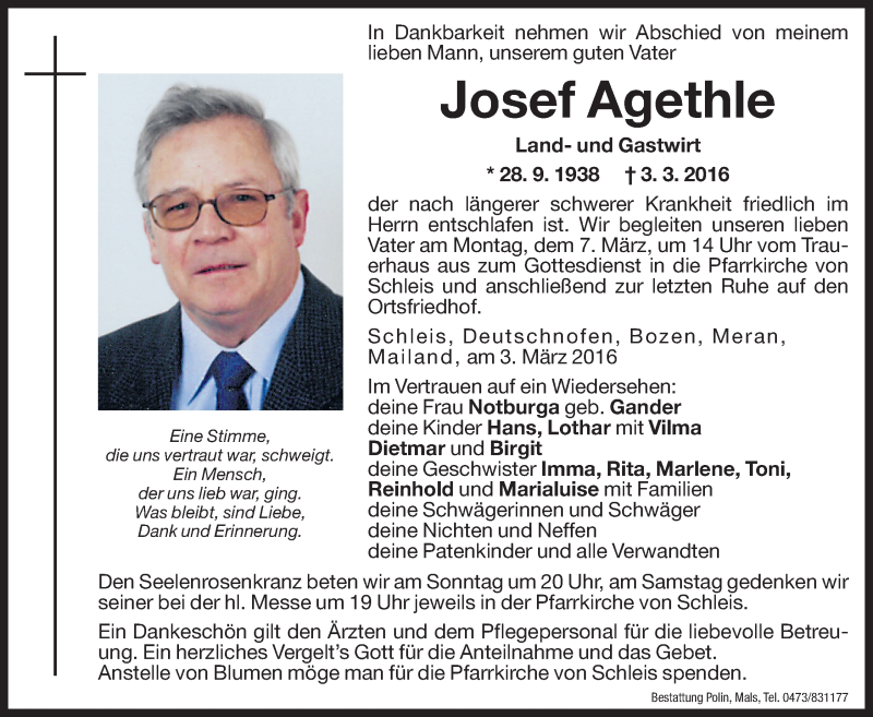  Traueranzeige für Josef Agethle vom 05.03.2016 aus Dolomiten