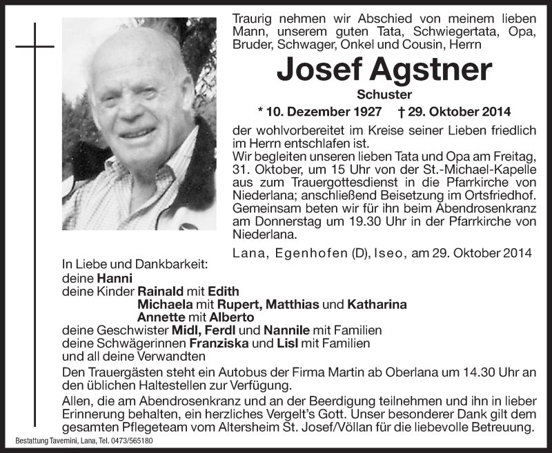  Traueranzeige für Josef Agstner vom 30.10.2014 aus Dolomiten