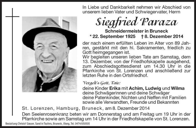  Traueranzeige für Siegfried Paraza vom 10.12.2014 aus Dolomiten