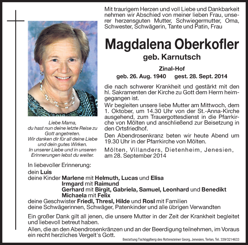  Traueranzeige für Magdalena Oberkofler vom 30.09.2014 aus Dolomiten