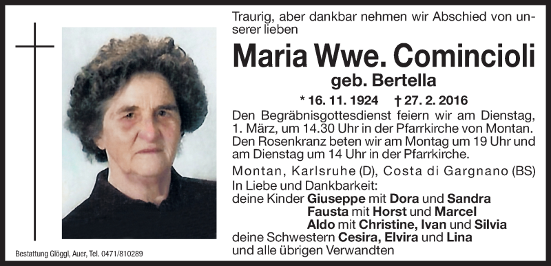  Traueranzeige für Maria Comincioli vom 29.02.2016 aus Dolomiten