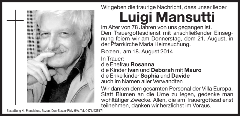  Traueranzeige für Luigi Mansutti vom 20.08.2014 aus Dolomiten