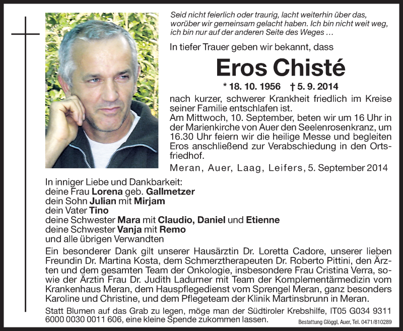  Traueranzeige für Eros Chisté vom 08.09.2014 aus Dolomiten