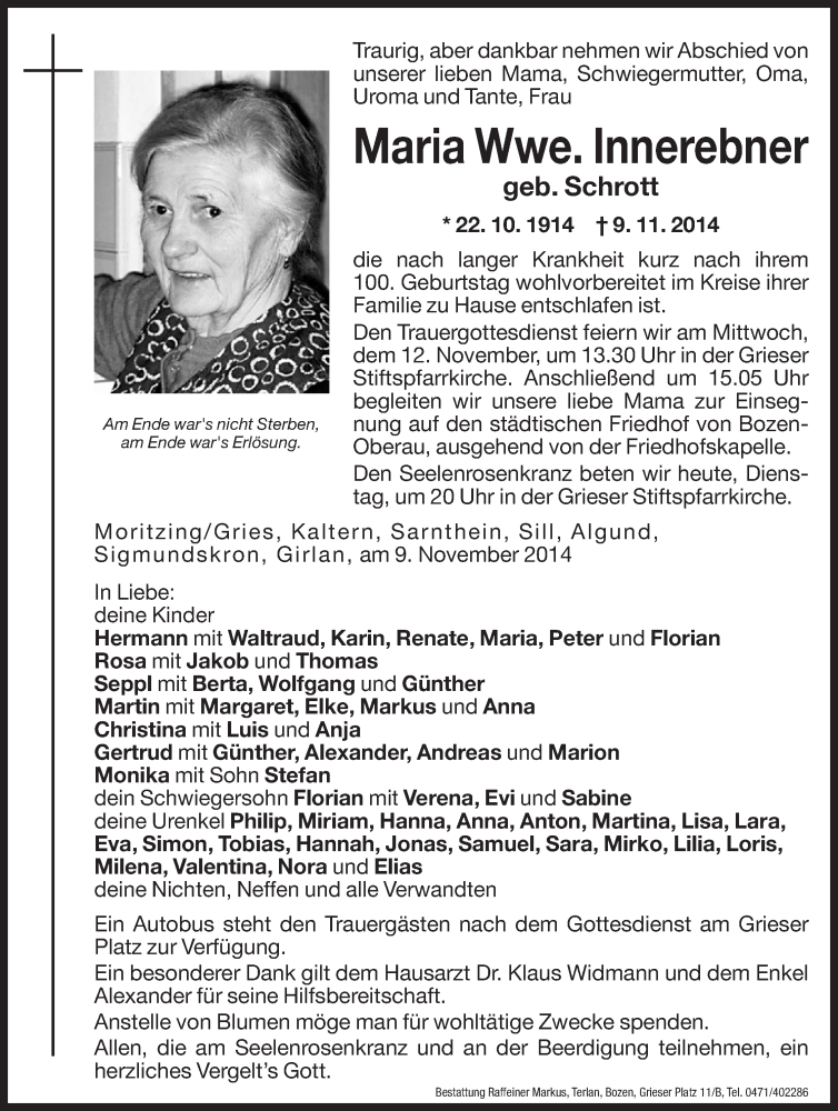  Traueranzeige für Maria Innerebner vom 11.11.2014 aus Dolomiten