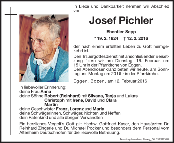 Traueranzeige von Josef Pichler von Dolomiten