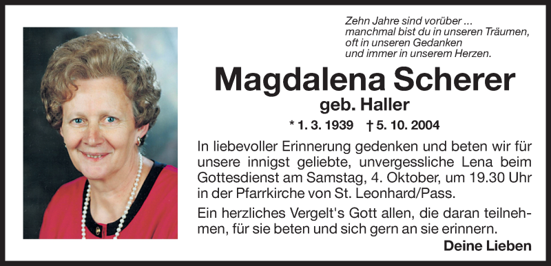  Traueranzeige für Magdalena Scherer vom 03.10.2014 aus Dolomiten