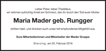Traueranzeige von Maria Mader von Dolomiten
