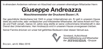 Traueranzeige von Giuseppe Andreazza von Dolomiten