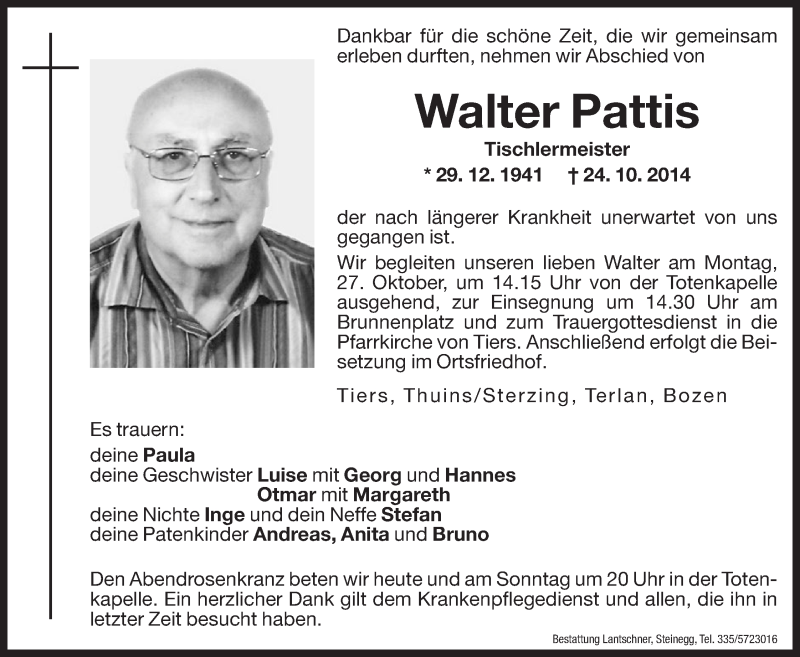  Traueranzeige für Walter Pattis vom 25.10.2014 aus Dolomiten