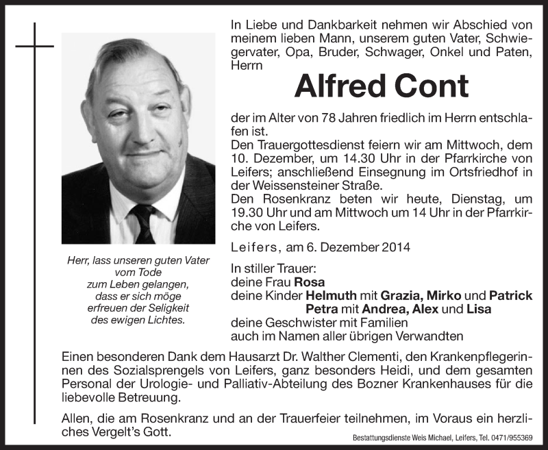  Traueranzeige für Alfred Cont vom 09.12.2014 aus Dolomiten