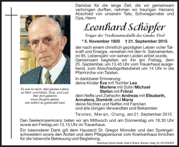 Traueranzeige von Leonhard Schöpfer von Dolomiten