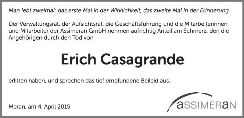  Traueranzeige für Erich Casagrande vom 04.04.2015 aus Dolomiten