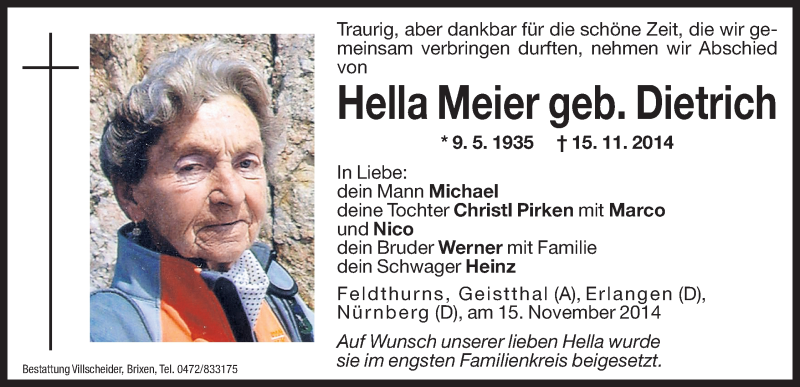  Traueranzeige für Hella Meier vom 24.11.2014 aus Dolomiten