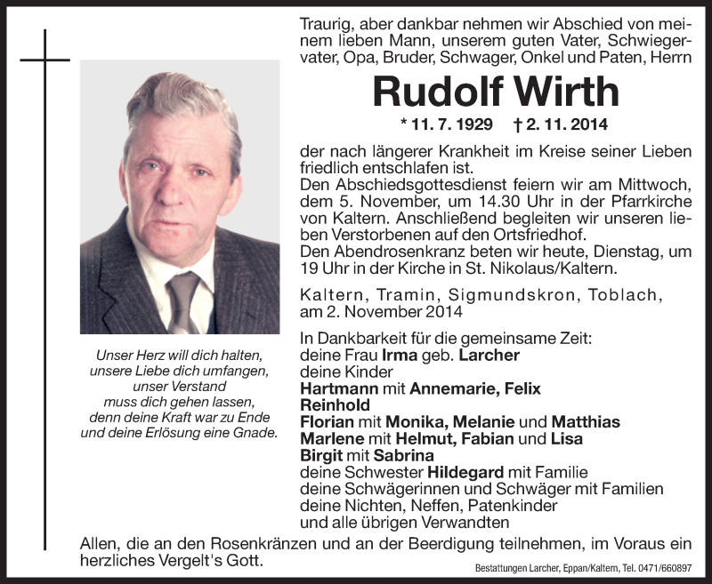  Traueranzeige für Rudolf Wirth vom 04.11.2014 aus Dolomiten