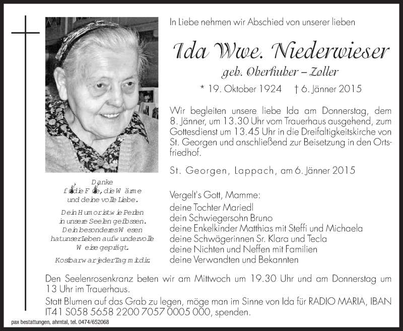  Traueranzeige für Ida Niederwieser vom 07.01.2015 aus Dolomiten