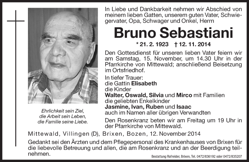  Traueranzeige für Bruno Sebastiani vom 14.11.2014 aus Dolomiten