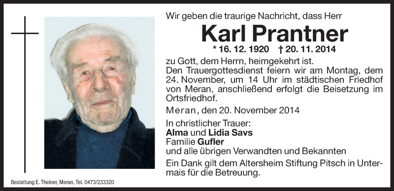  Traueranzeige für Karl Prantner vom 22.11.2014 aus Dolomiten