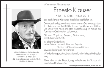Traueranzeige von Ernesto Klauser von Dolomiten