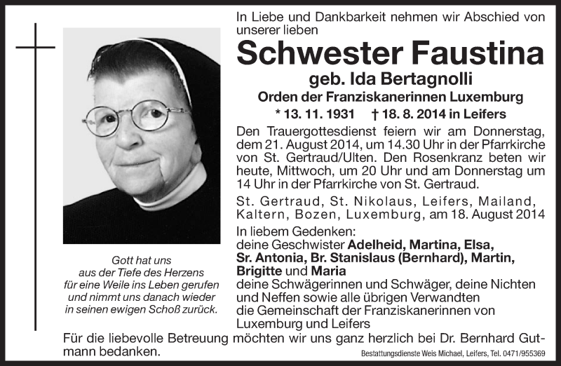  Traueranzeige für Faustina  vom 20.08.2014 aus Dolomiten