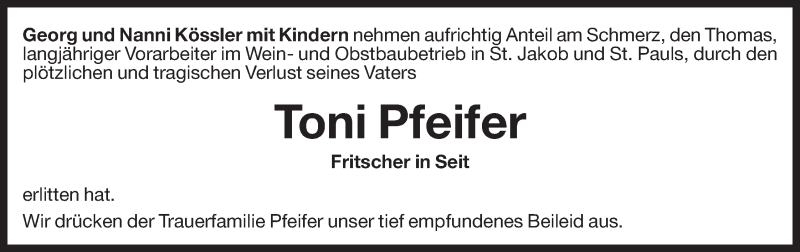  Traueranzeige für Toni Pfeifer vom 17.04.2015 aus Dolomiten