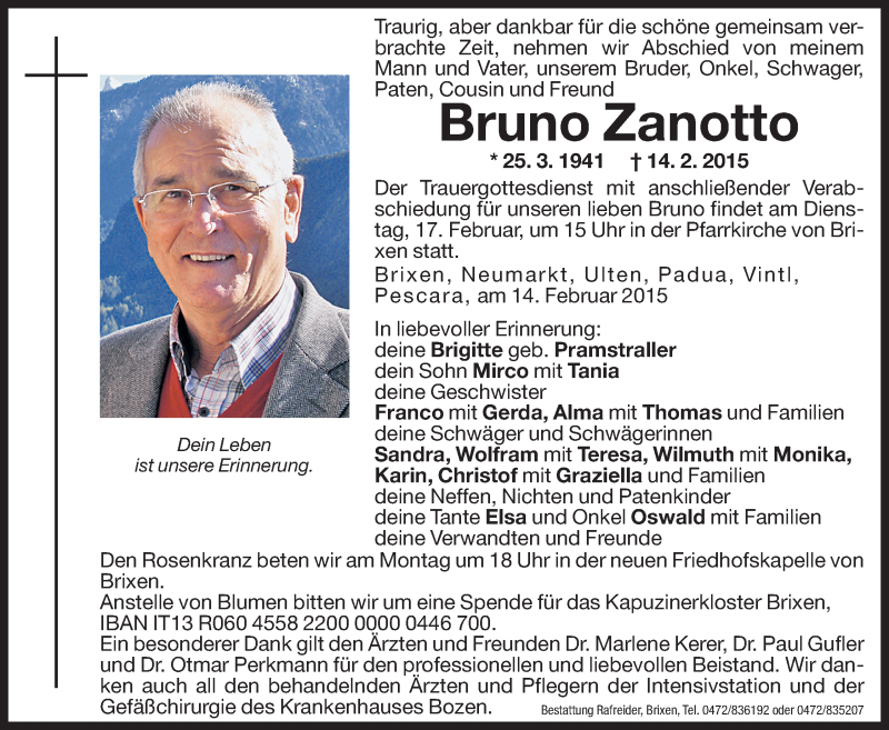  Traueranzeige für Bruno Zanotto vom 16.02.2015 aus Dolomiten