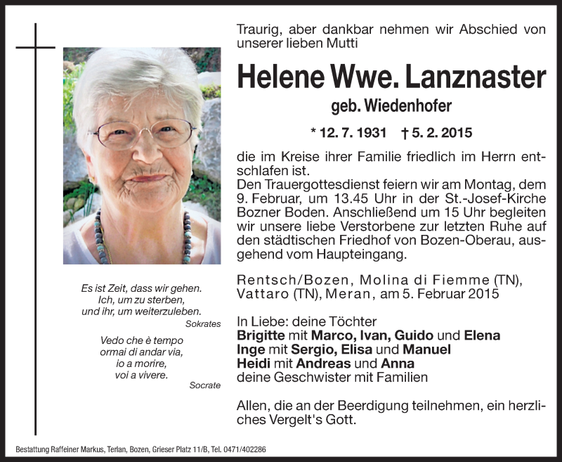  Traueranzeige für Helene Lanznaster vom 06.02.2015 aus Dolomiten