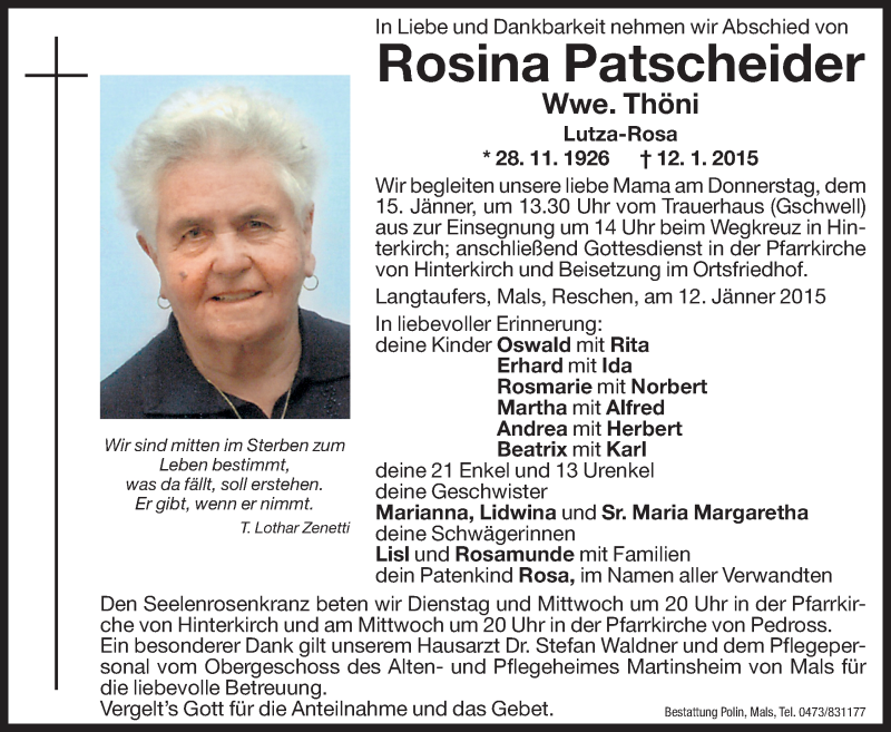  Traueranzeige für Rosina Patscheider vom 13.01.2015 aus Dolomiten