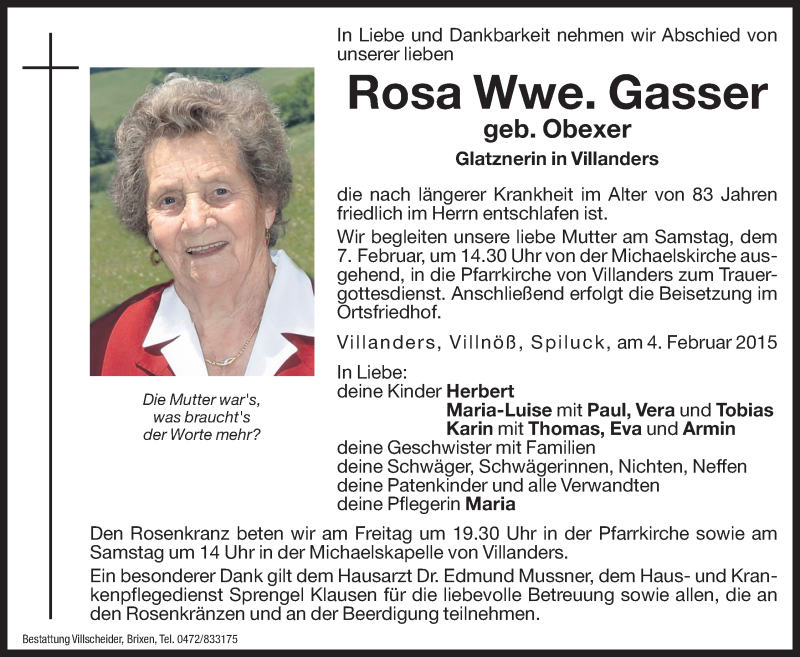  Traueranzeige für Rosa Gasser vom 06.02.2015 aus Dolomiten