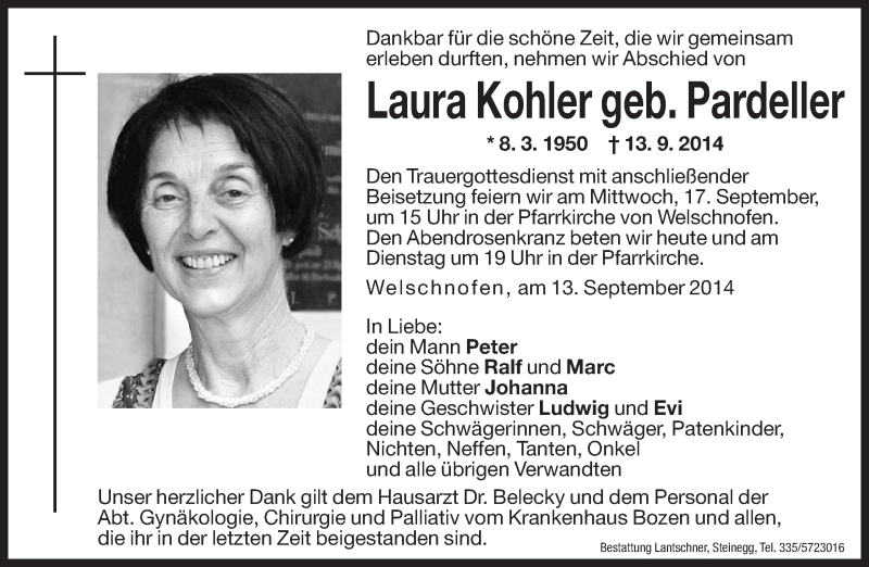  Traueranzeige für Laura Kohler vom 15.09.2014 aus Dolomiten