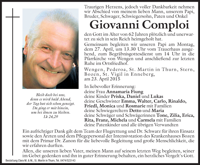  Traueranzeige für Giovanni Comploi vom 27.04.2015 aus Dolomiten