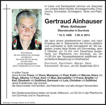 Traueranzeige von Gertraud Ainhauser von Dolomiten