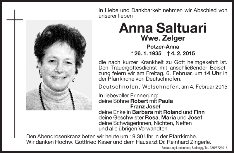  Traueranzeige für Anna Zelger vom 05.02.2015 aus Dolomiten