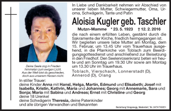 Traueranzeige von Aloisia Kugler von Dolomiten