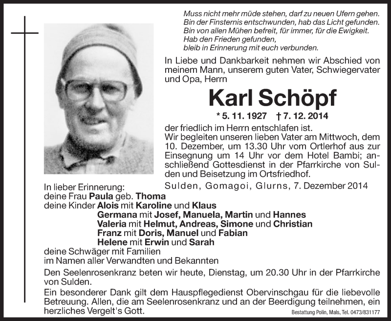  Traueranzeige für Karl Schöpf vom 09.12.2014 aus Dolomiten