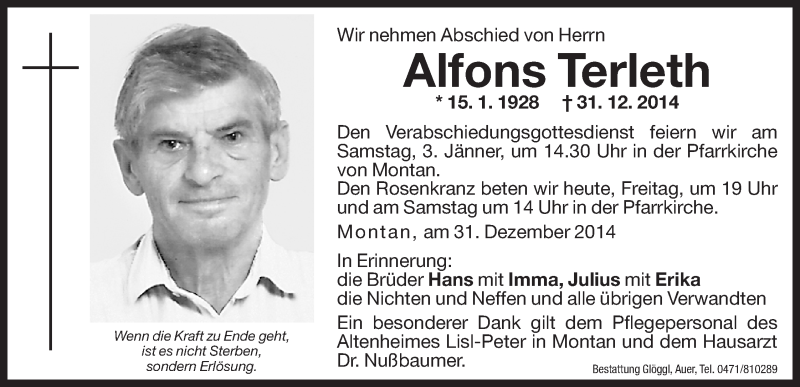  Traueranzeige für Alfons Terleth vom 02.01.2015 aus Dolomiten