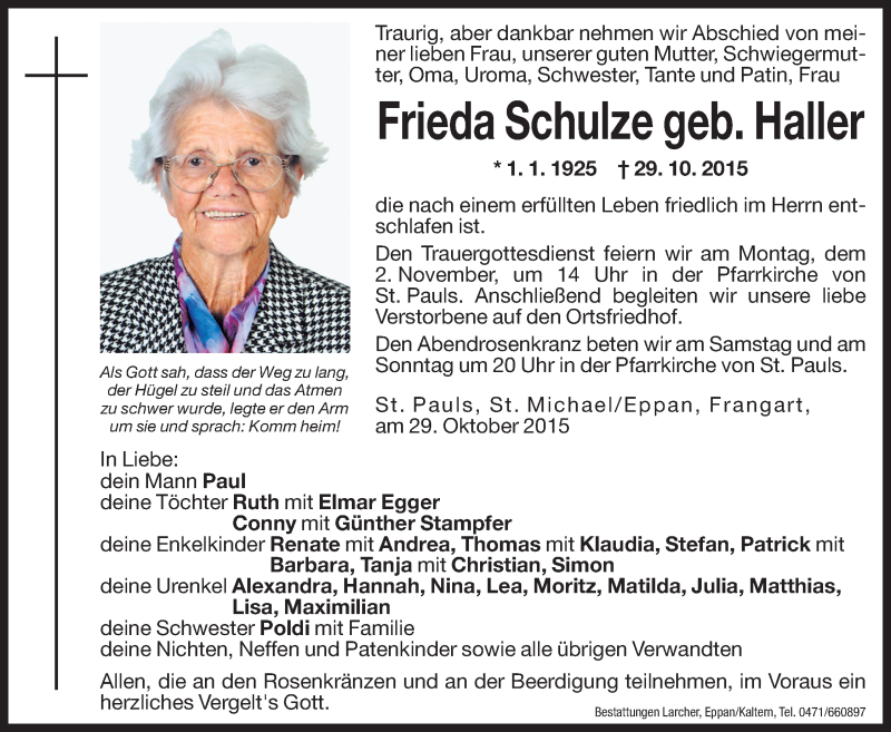  Traueranzeige für Frieda Schulze vom 30.10.2015 aus Dolomiten