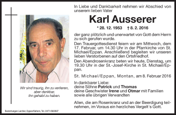 Traueranzeige von Karl Ausserer von Dolomiten