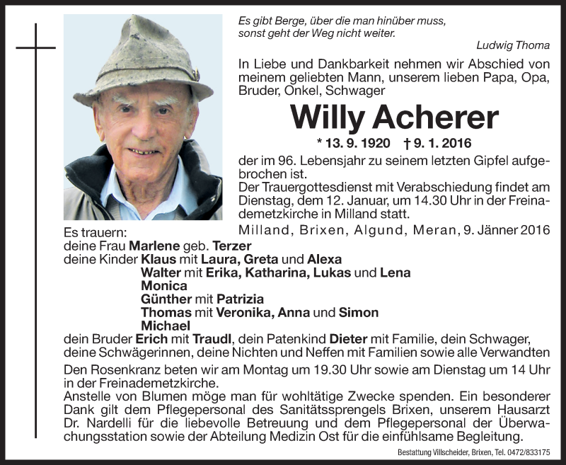  Traueranzeige für Willy Acherer vom 11.01.2016 aus Dolomiten