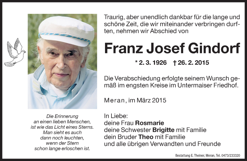  Traueranzeige für Franz Josef Gindorf vom 03.03.2015 aus Dolomiten