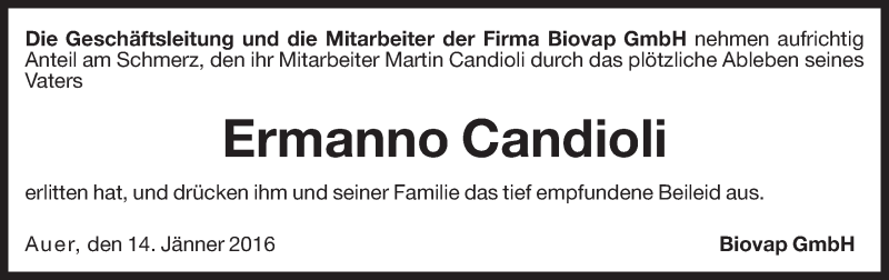  Traueranzeige für Ermanno Candioli vom 15.01.2016 aus Dolomiten