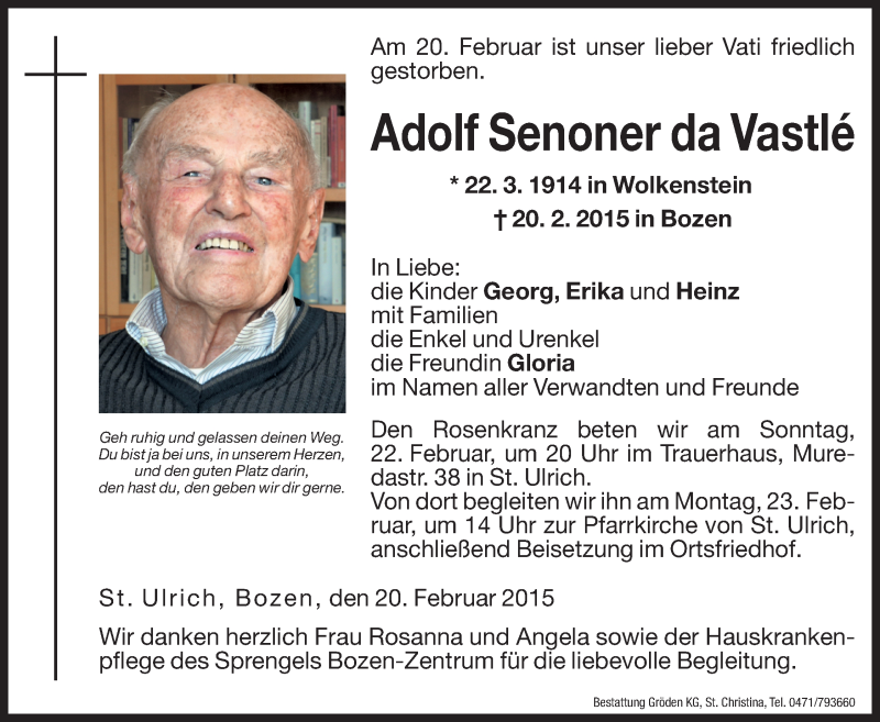  Traueranzeige für Adolf  Senoner da Vastlé vom 21.02.2015 aus Dolomiten