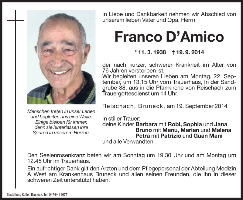  Traueranzeige für Franco D’Amico vom 20.09.2014 aus Dolomiten