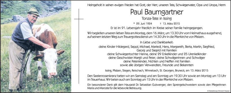  Traueranzeige für Paul Baumgartner vom 14.03.2015 aus Dolomiten