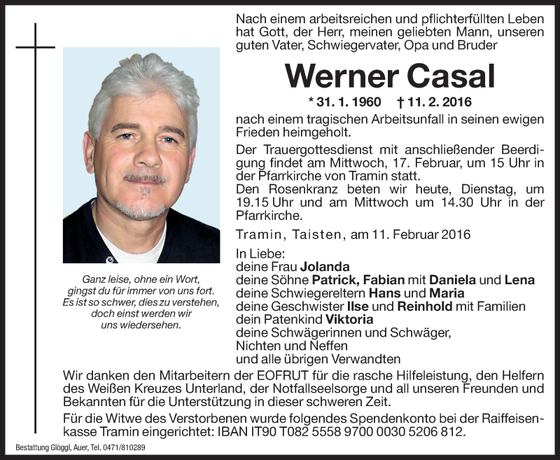  Traueranzeige für Werner Casal vom 16.02.2016 aus Dolomiten