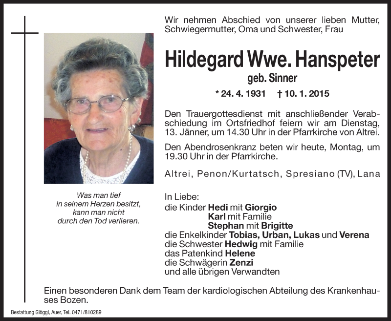  Traueranzeige für Hildegard Hanspeter vom 12.01.2015 aus Dolomiten