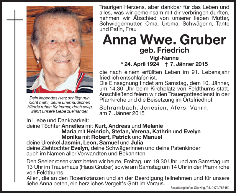  Traueranzeige für Anna Gruber vom 09.01.2015 aus Dolomiten